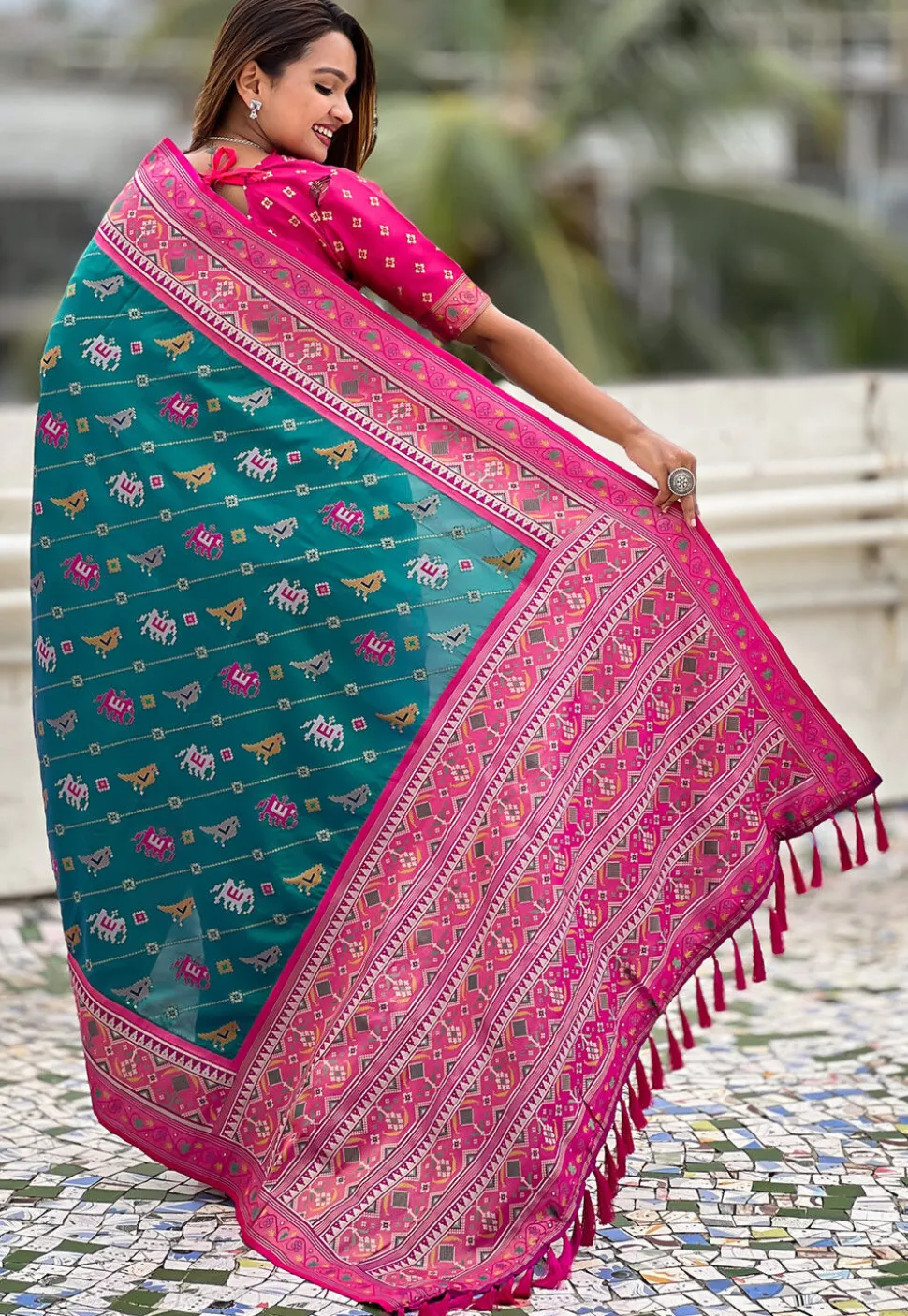 Patola Art Silk Saree in Teal Green