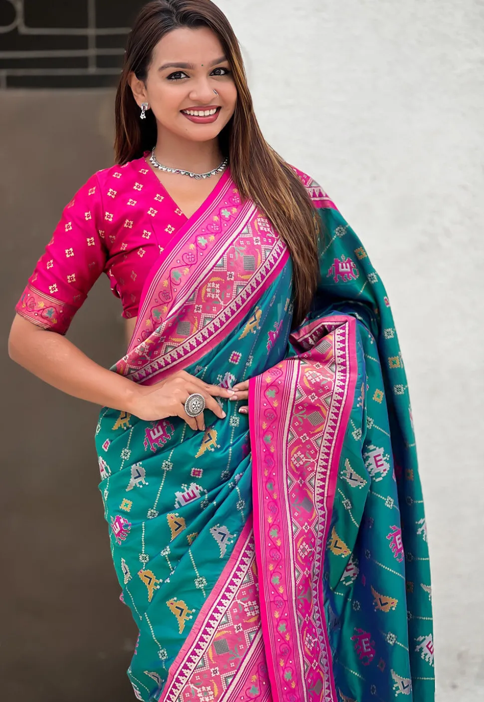 Patola Art Silk Saree in Teal Green