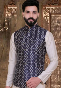 Patola Printed Art Silk Asymmetric Nehru Jacket in Navy Blue