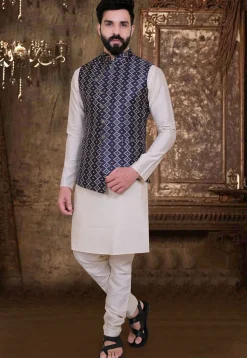 Patola Printed Art Silk Asymmetric Nehru Jacket in Navy Blue