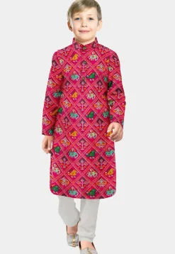 Patola Printed Art Silk Kurta Set in Fuchsia