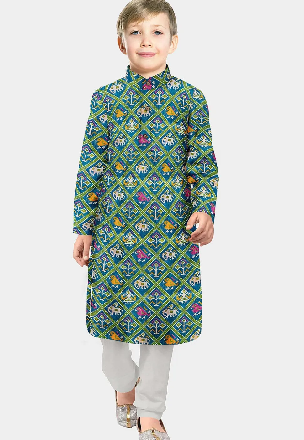 Patola Printed Art Silk Kurta Set in Sea Green