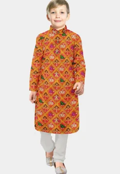 Patola Printed Art Silk Kurta Set in Orange