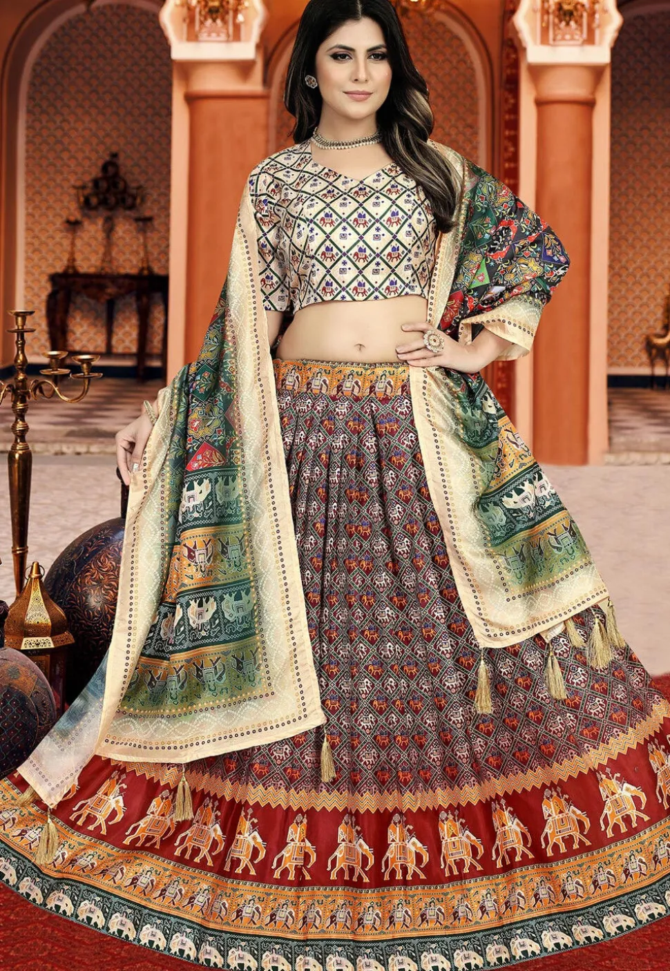 Patola Printed Art Silk Lehenga in Maroon