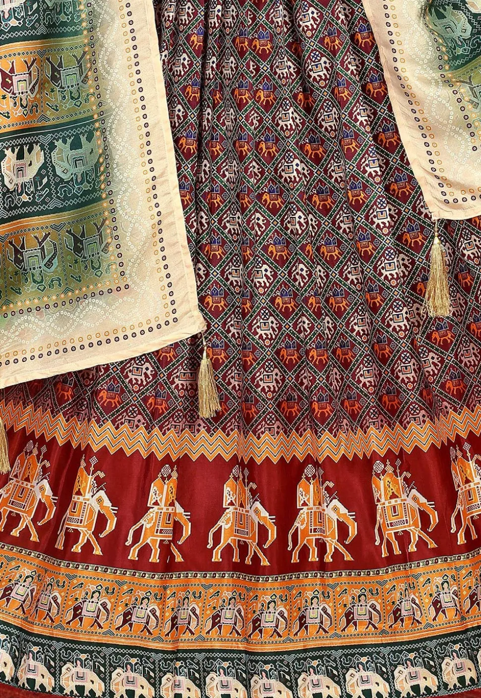 Patola Printed Art Silk Lehenga in Maroon