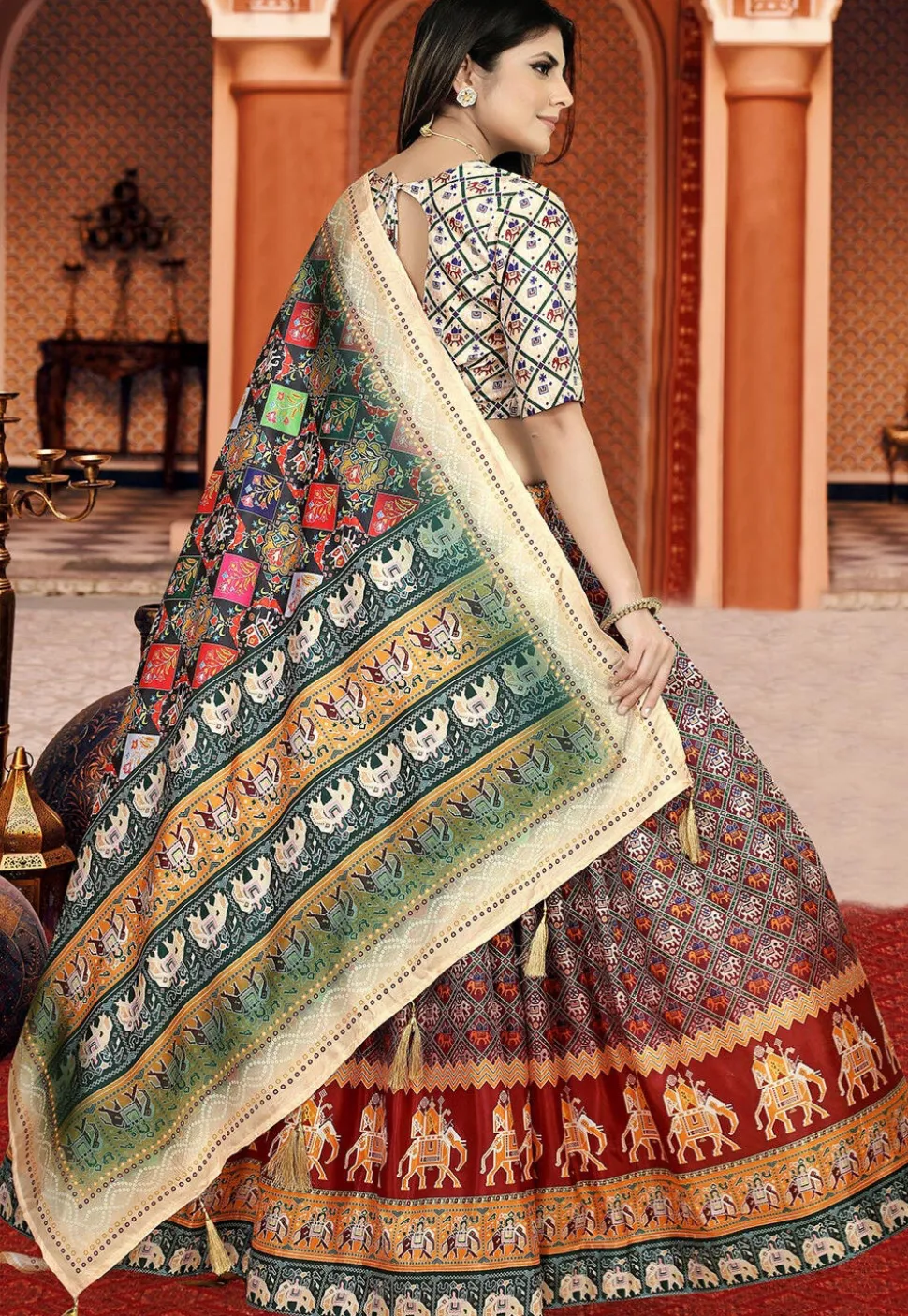 Patola Printed Art Silk Lehenga in Maroon
