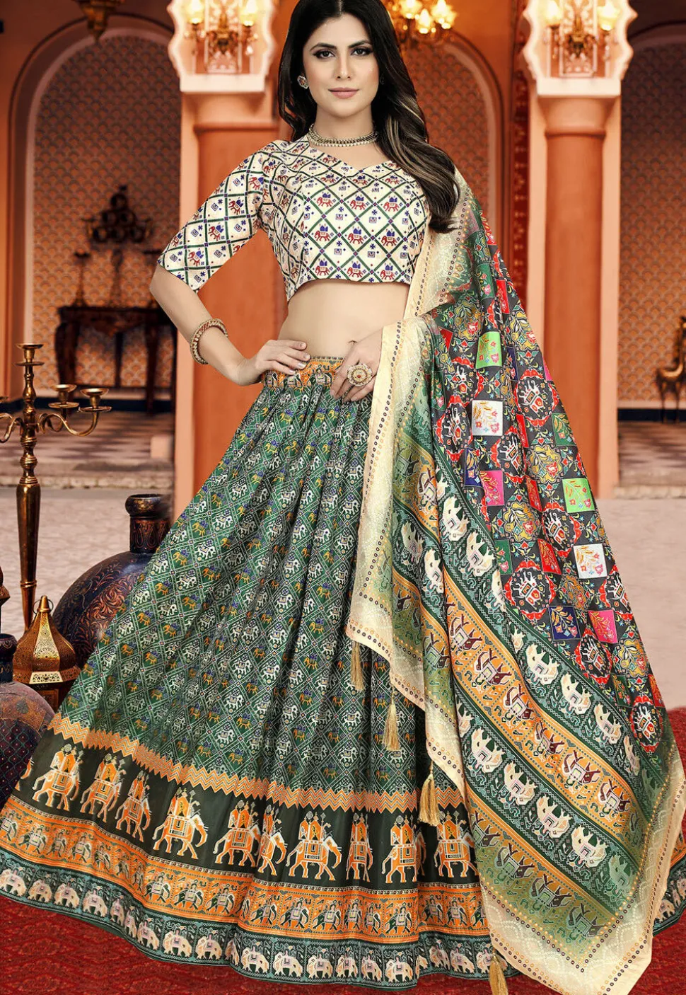 Patola Printed Art Silk Lehenga in Dark Green