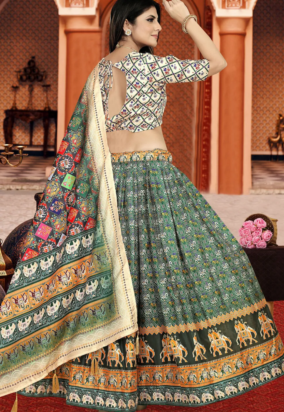 Patola Printed Art Silk Lehenga in Dark Green