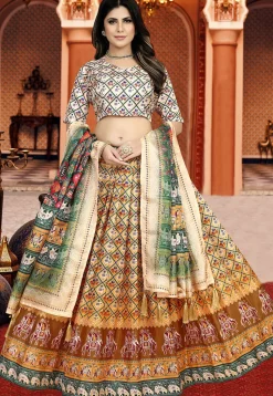 Patola Printed Art Silk Lehenga in Mustard