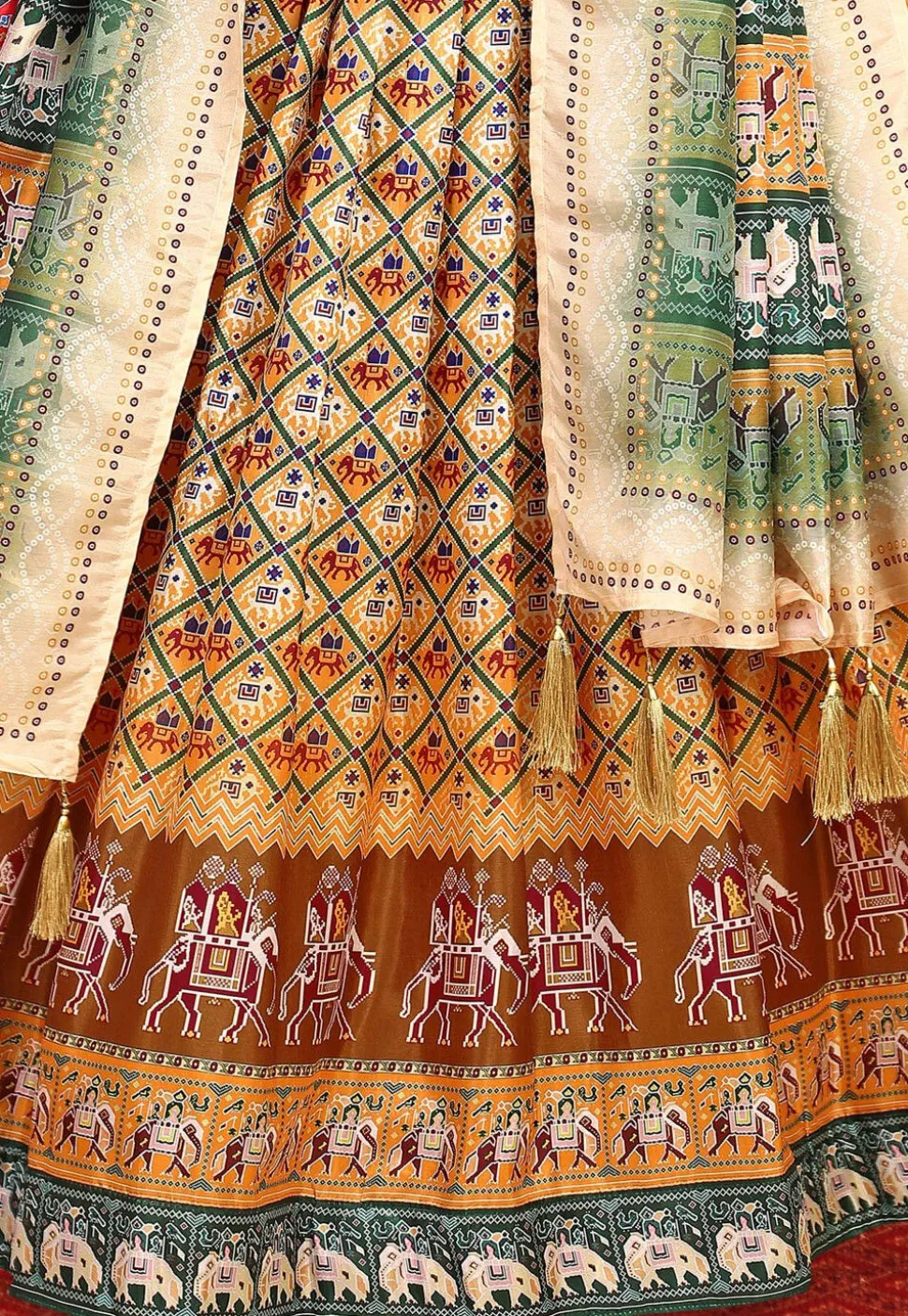 Patola Printed Art Silk Lehenga in Mustard