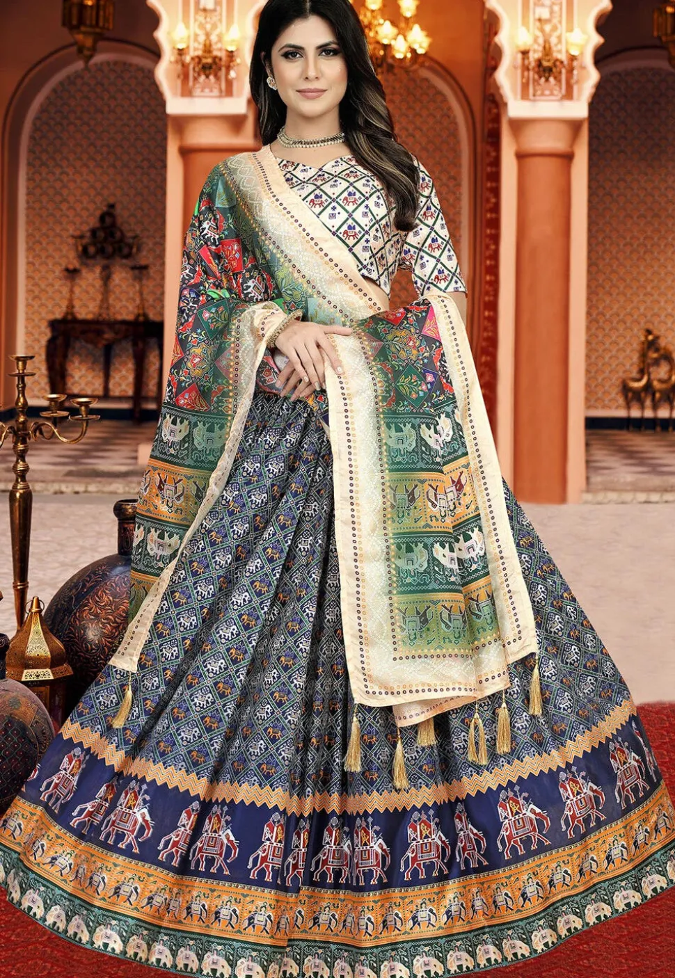 Patola Printed Art Silk Lehenga in Navy Blue