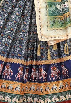 Patola Printed Art Silk Lehenga in Navy Blue
