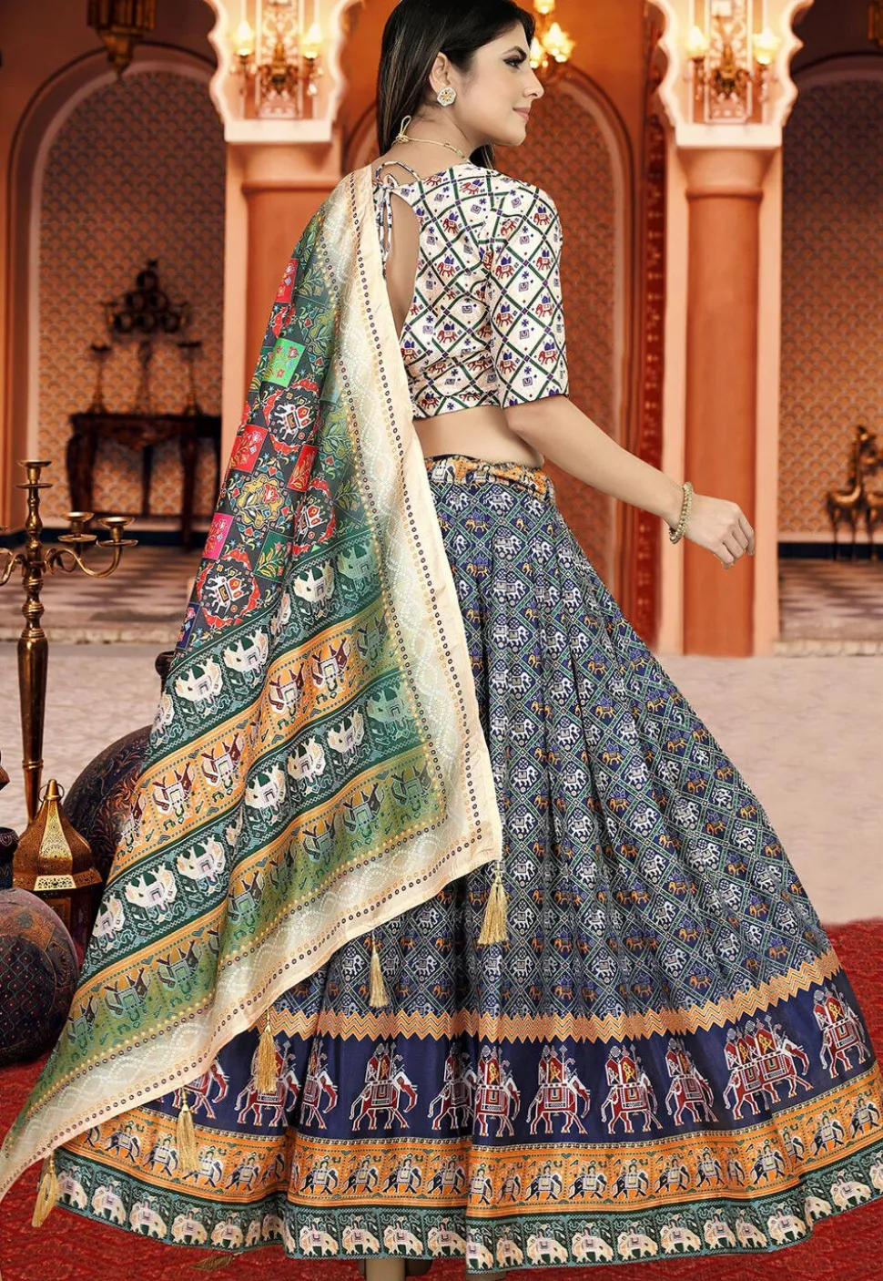 Patola Printed Art Silk Lehenga in Navy Blue