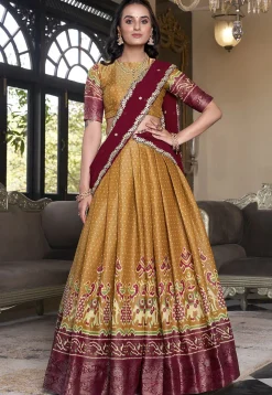Patola Printed Art Silk Lehenga in Mustard