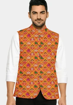 Patola Printed Art Silk Nehru Jacket in Orange
