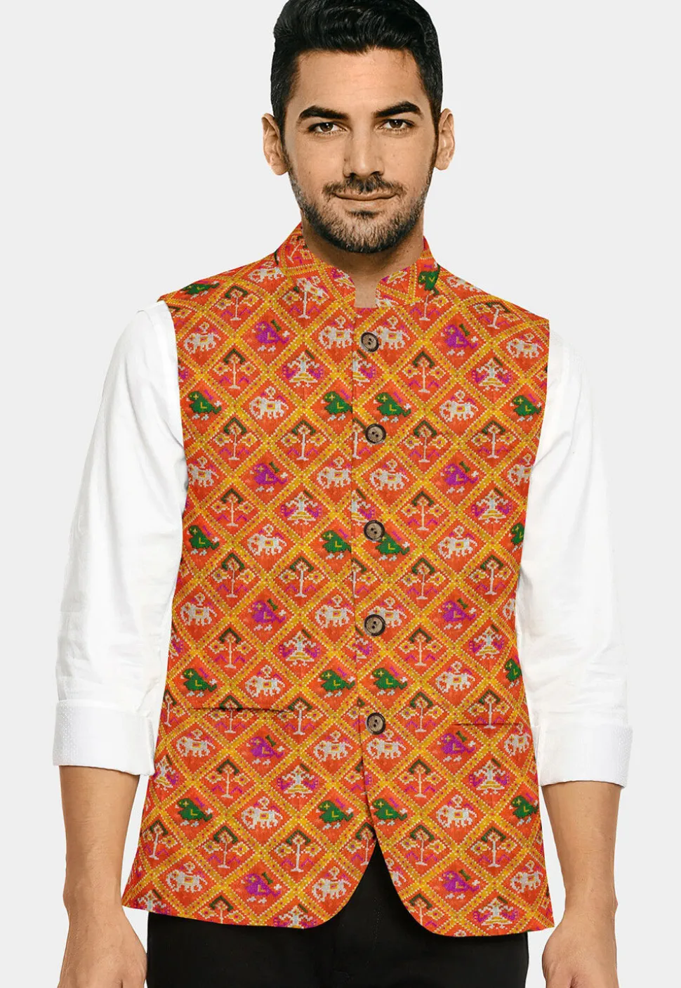 Patola Printed Art Silk Nehru Jacket in Orange