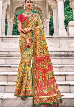 Patola Printed Art Silk Saree in Yellow