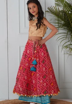 Patola Printed Brocade Crop Top Skirt Set in Golden