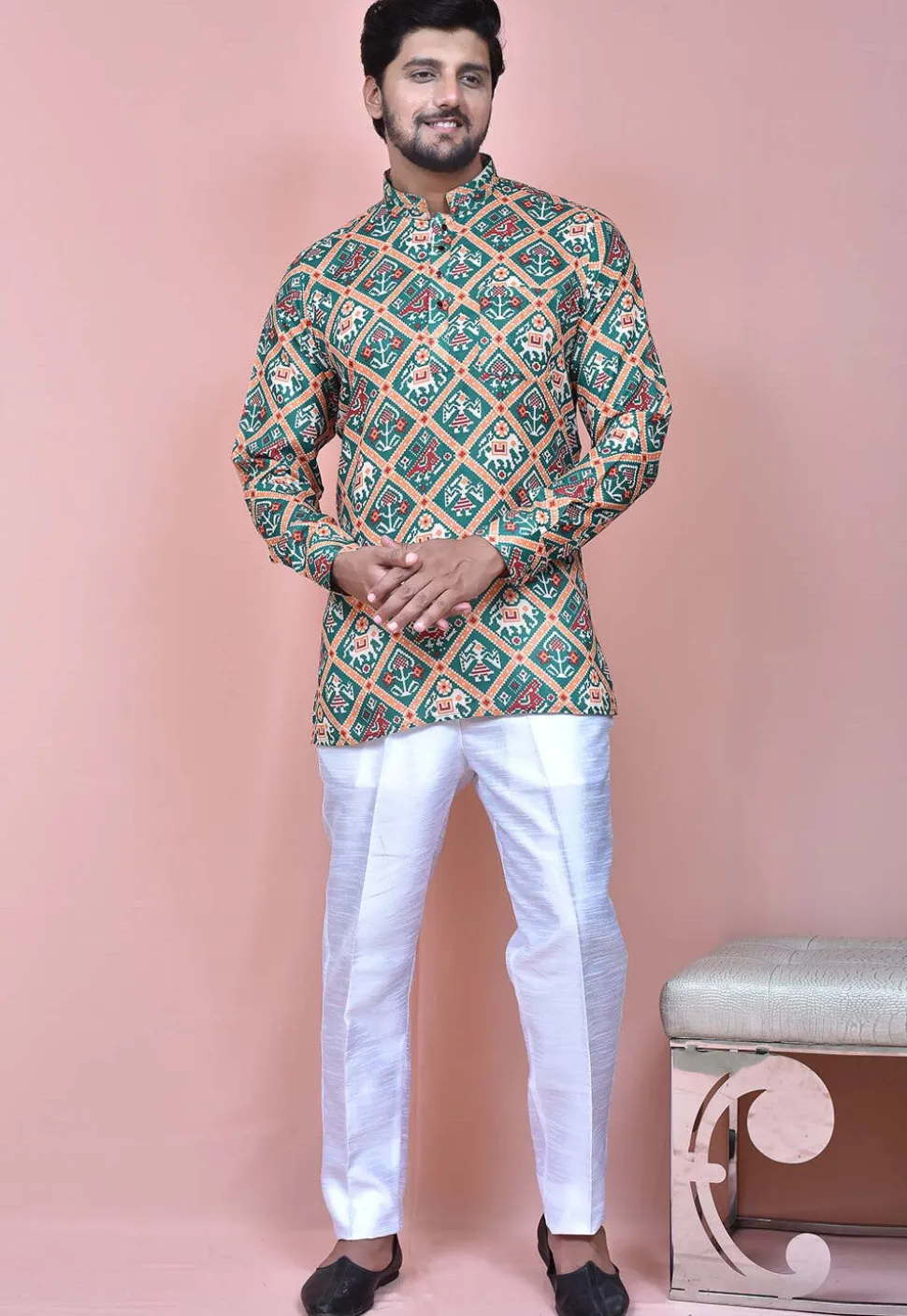 Patola Printed Cotton Short Kurta in Grey and Multicolor