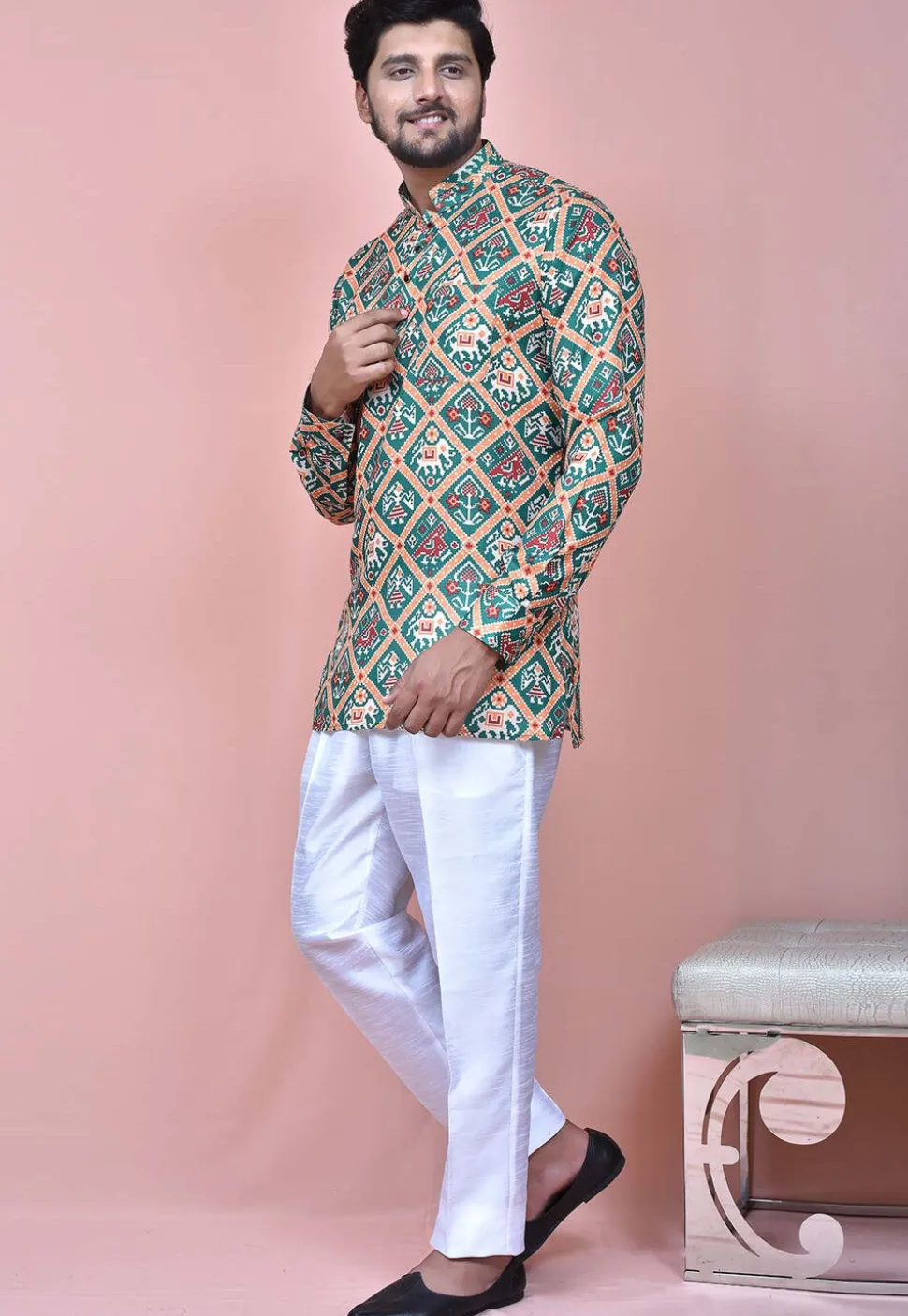 Patola Printed Cotton Short Kurta in Grey and Multicolor