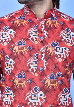 Patola Printed Cotton Short Kurta in Red