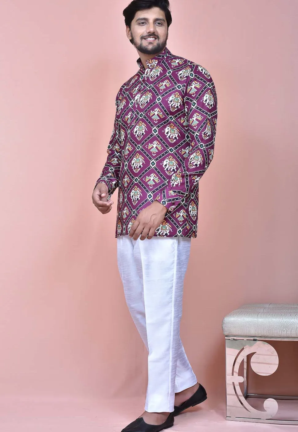 Patola Printed Cotton Short Kurta in Purple
