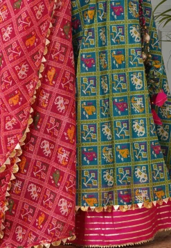Patola Printed Kota Silk Lehenga in Teal Blue