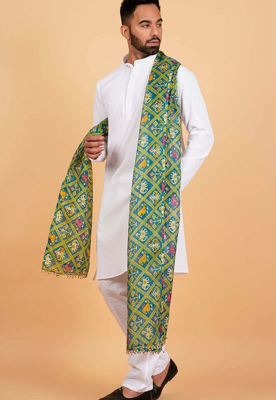 Patola Printed Kota Silk Men Dupatta in Teal Blue