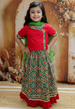 Patola Printed Pure Cotton Lehenga in Dark Green