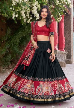 Patola Printed Tussar Silk Lehenga in Black