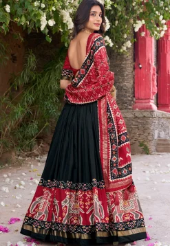 Patola Printed Tussar Silk Lehenga in Black