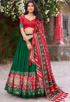 Patola Printed Tussar Silk Lehenga in Green