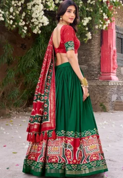 Patola Printed Tussar Silk Lehenga in Green