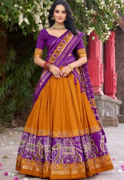 Patola Printed Tussar Silk Lehenga in Orange