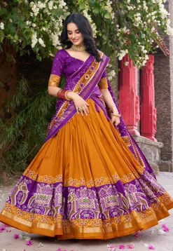 Patola Printed Tussar Silk Lehenga in Orange