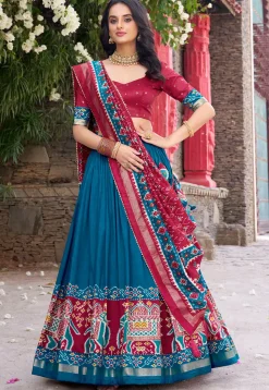 Patola Printed Tussar Silk Lehenga in Teal Blue