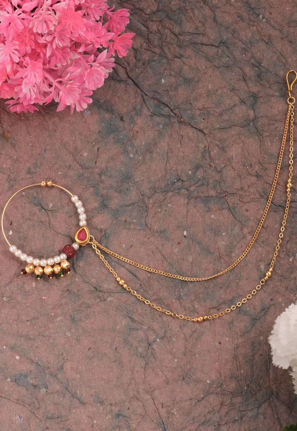 Pearl Nose Ring with Layered Chain