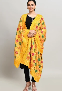 Phulkari Embroidered Cotton Dupatta in Mustard