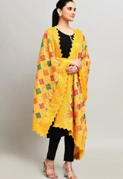 Phulkari Embroidered Cotton Dupatta in Mustard