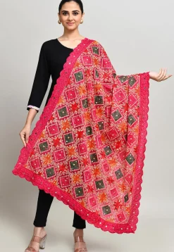 Phulkari Embroidered Cotton Dupatta in Pink