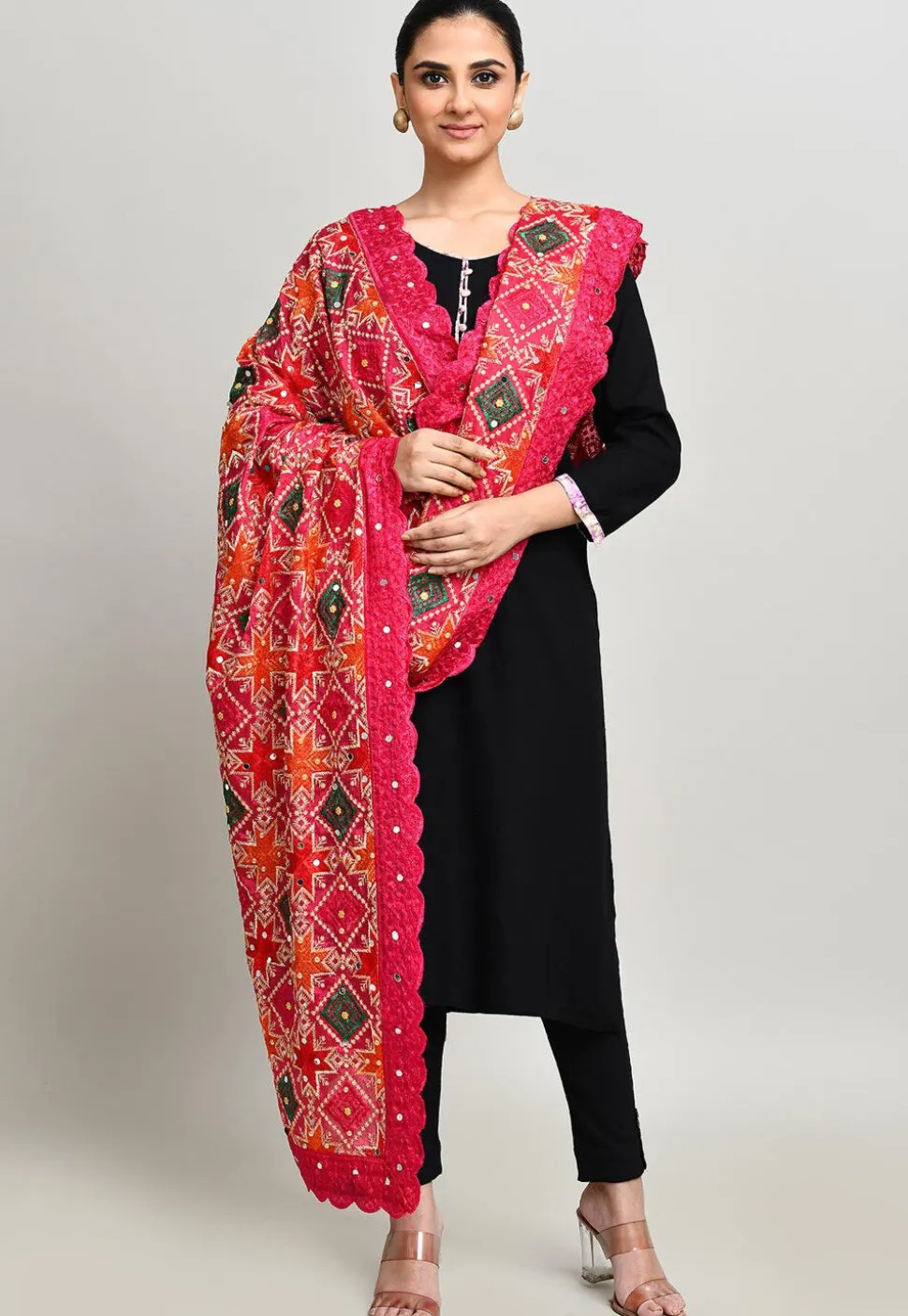 Phulkari Embroidered Cotton Dupatta in Pink