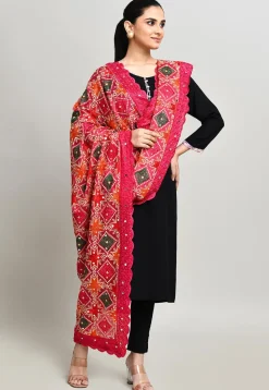 Phulkari Embroidered Cotton Dupatta in Pink
