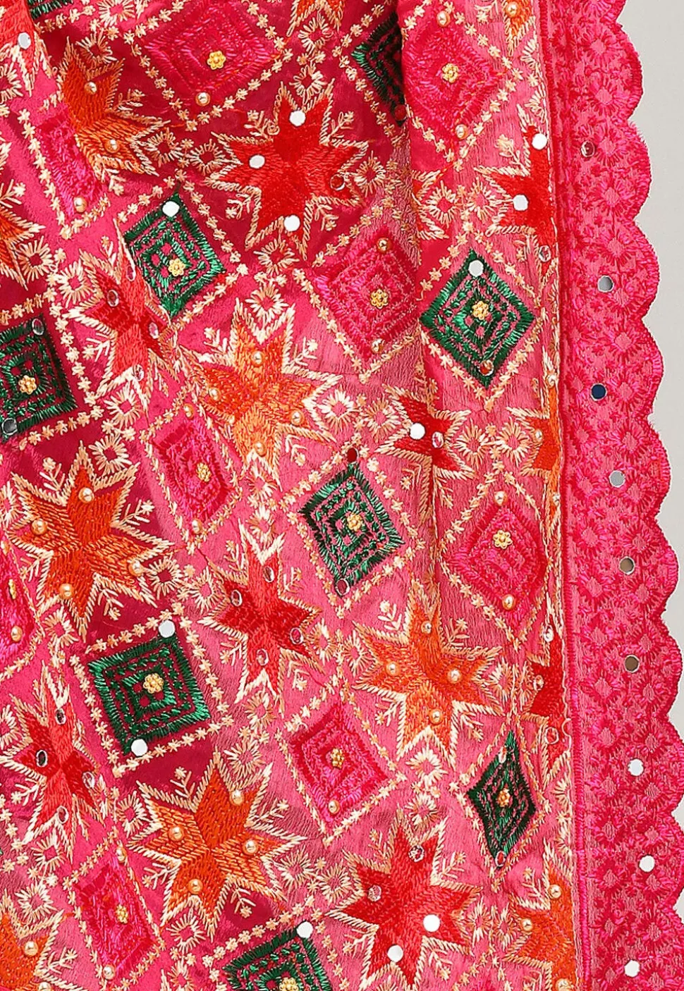 Phulkari Embroidered Cotton Dupatta in Pink