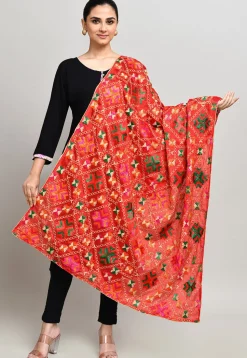 Phulkari Embroidered Cotton Dupatta in Red
