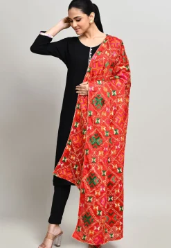 Phulkari Embroidered Cotton Dupatta in Red