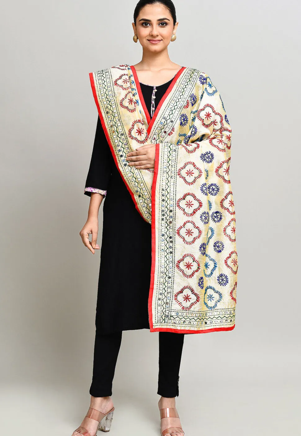 Phulkari Embroidered Cotton Dupatta in Cream