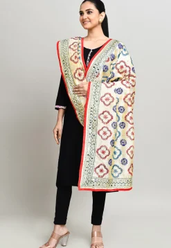 Phulkari Embroidered Cotton Dupatta in Cream