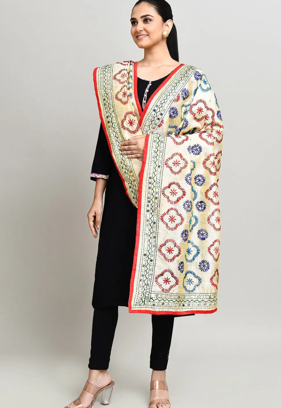 Phulkari Embroidered Cotton Dupatta in Cream