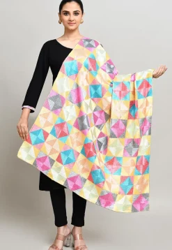 Phulkari Embroidered Cotton Dupatta in Multicolor