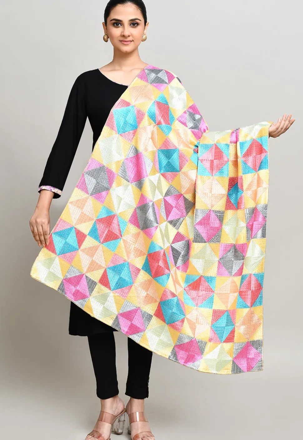 Phulkari Embroidered Cotton Dupatta in Multicolor
